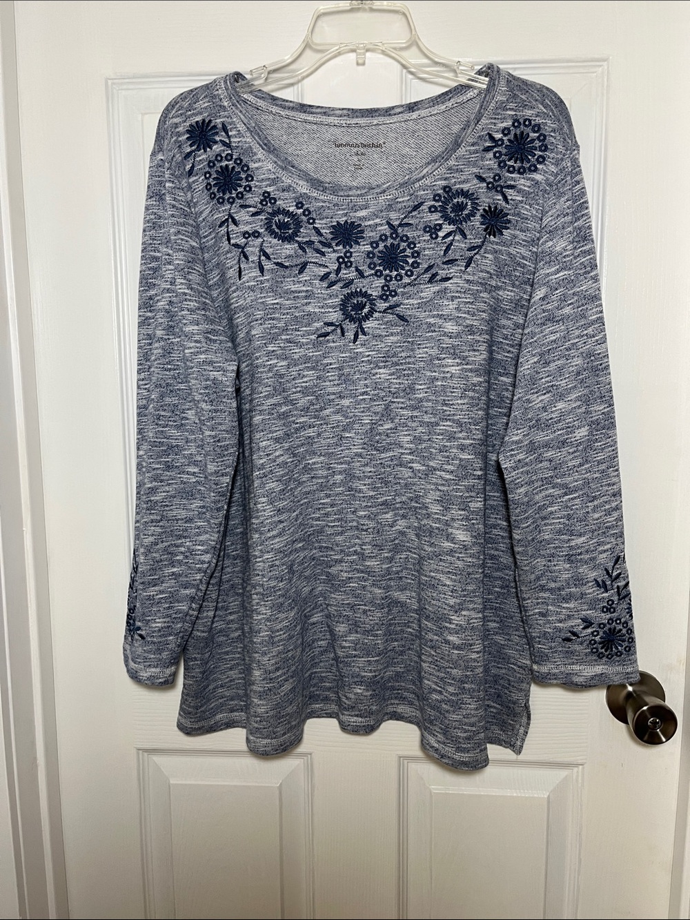 Woman Within Heathered Blue French Terry Embroidered Scoop Neck Pullover 18/20